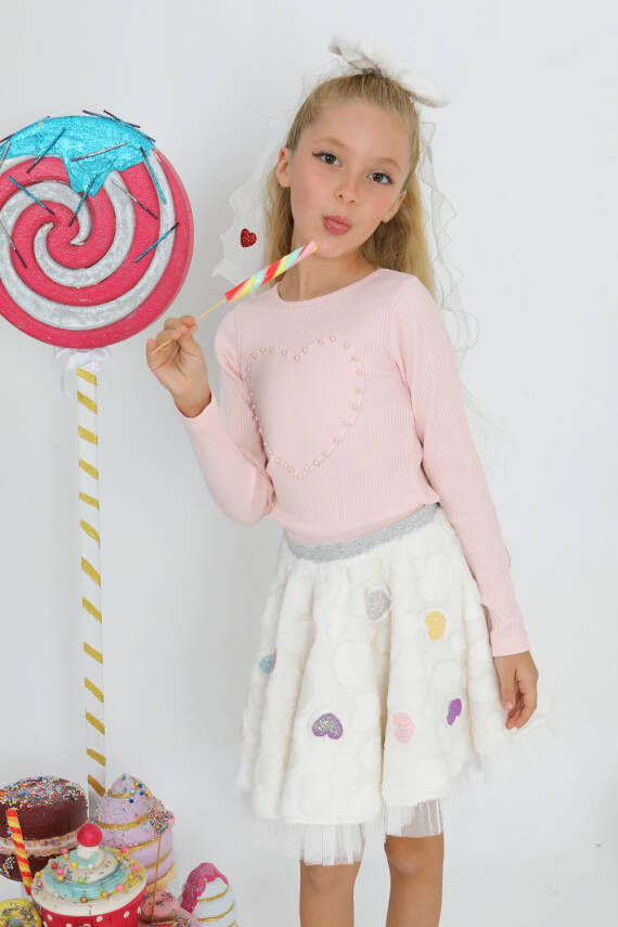 Kız Çocuk İnci Kalp T-Shirt - 2