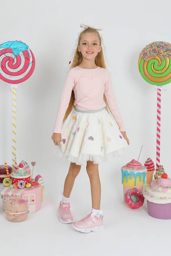 Kız Çocuk İnci Kalp T-Shirt - 1