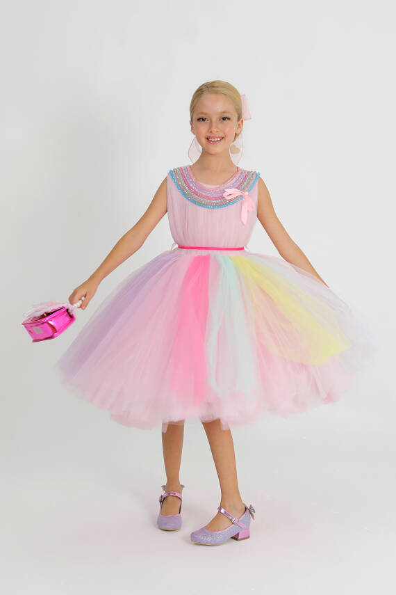 Kız Çocuk Tül Boncuklu Elbise - 3