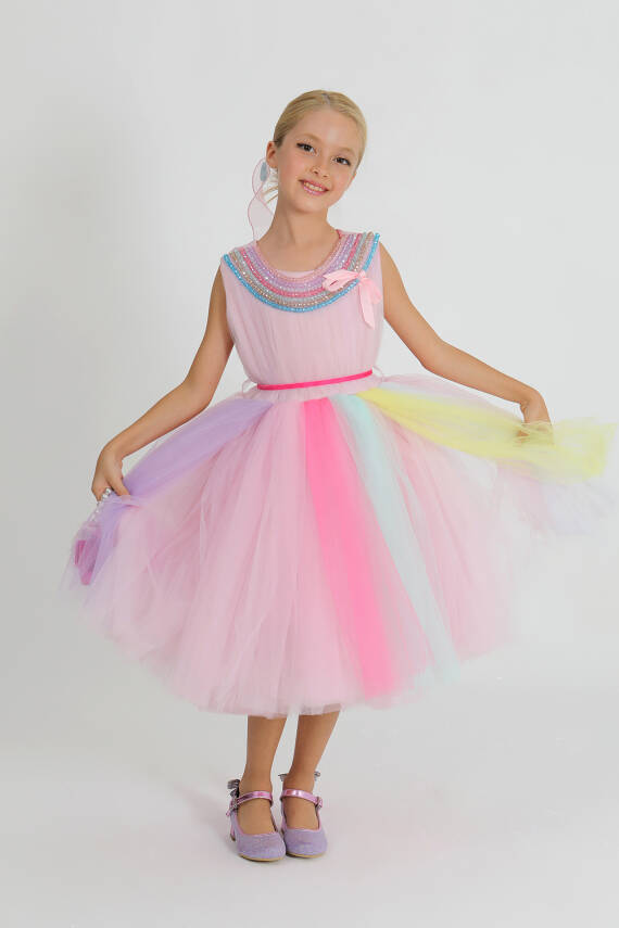 Kız Çocuk Tül Boncuklu Elbise - 4